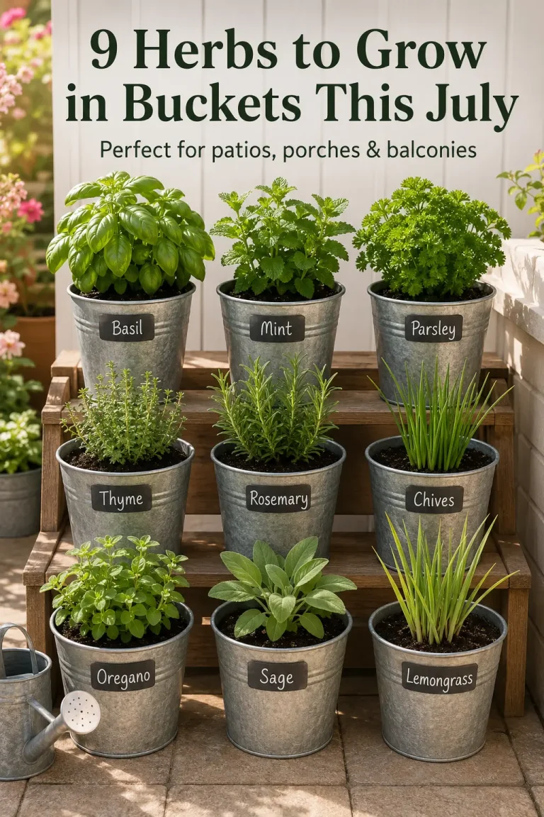 Create a vertical 9:16 reel thumbnail image for a Facebook gardening video. Make it realistic, bright, and attention-grabbing. Show a small patio or porch with a strong before-and-after visual. One side should look plain and unused, and the other side should show a beautiful finished bucket herb garden in summer. Show 9 galvanized metal buckets filled with healthy herbs: basil, mint, parsley, thyme, rosemary, chives, oregano, sage, and lemongrass. Include an adult woman gardener naturally in the scene, arranging or looking at the finished result. Add bold readable headline text at the top: “9 HERBS TO GROW IN BUCKETS THIS JULY” Add a smaller curiosity line: “No big garden needed” Add a small teaser near the bottom: “Comment BUCKETS for the full guide” Important: No watermark, no logo, no website. Keep it realistic, not infographic style. Make the before-and-after result very clear.